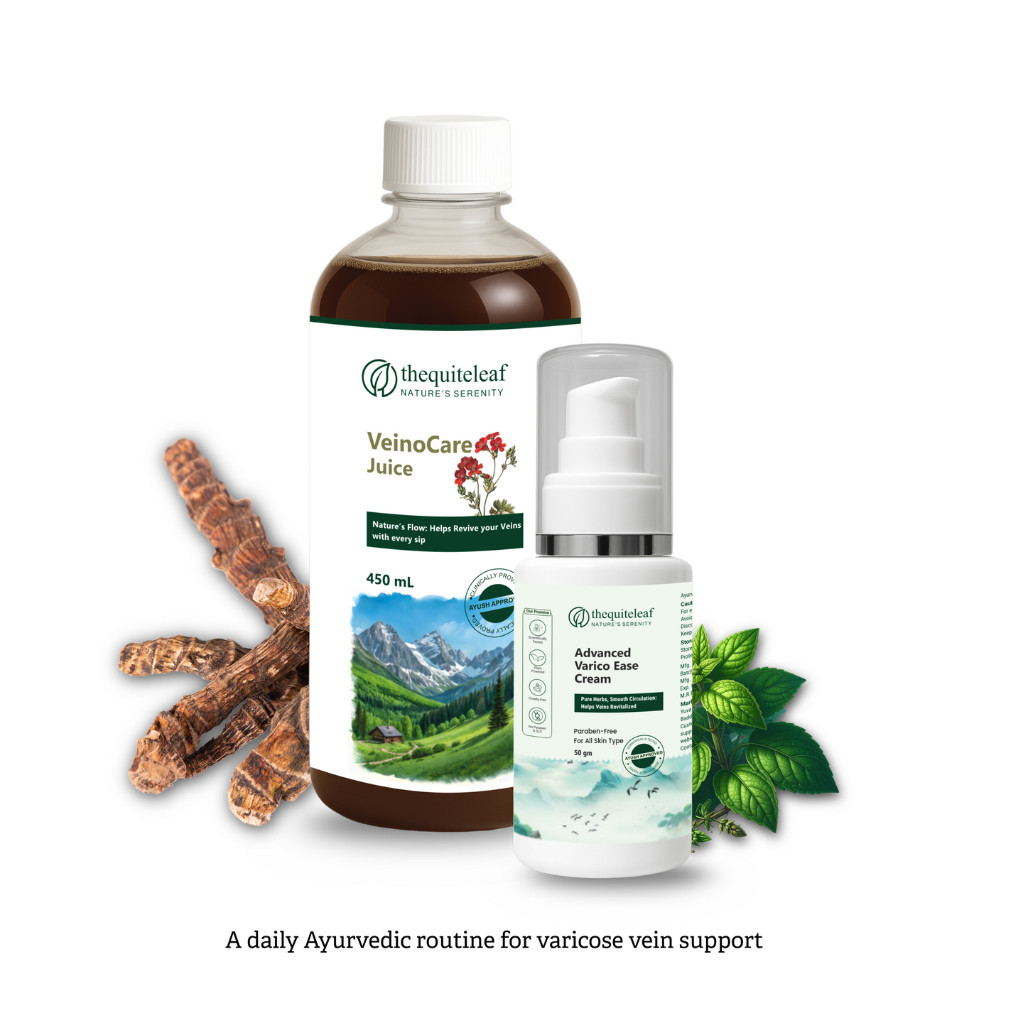 Ayurvedic varicose veins care combo with herbal juice and cream for leg circulation and vein support
