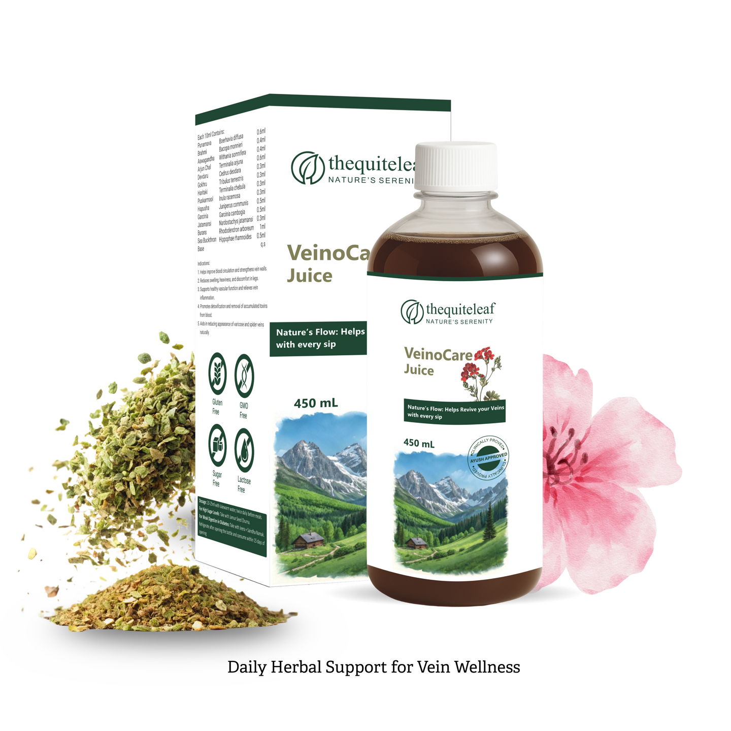 VeinoCare Juice packaging with herbs and a flower on a white background